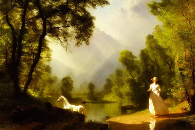 Prompt: scenic western painting of a woman in a traditional white dress walking through a forest river, horses, radiant light, oil on canvas, albert bierstadt, thomas moran