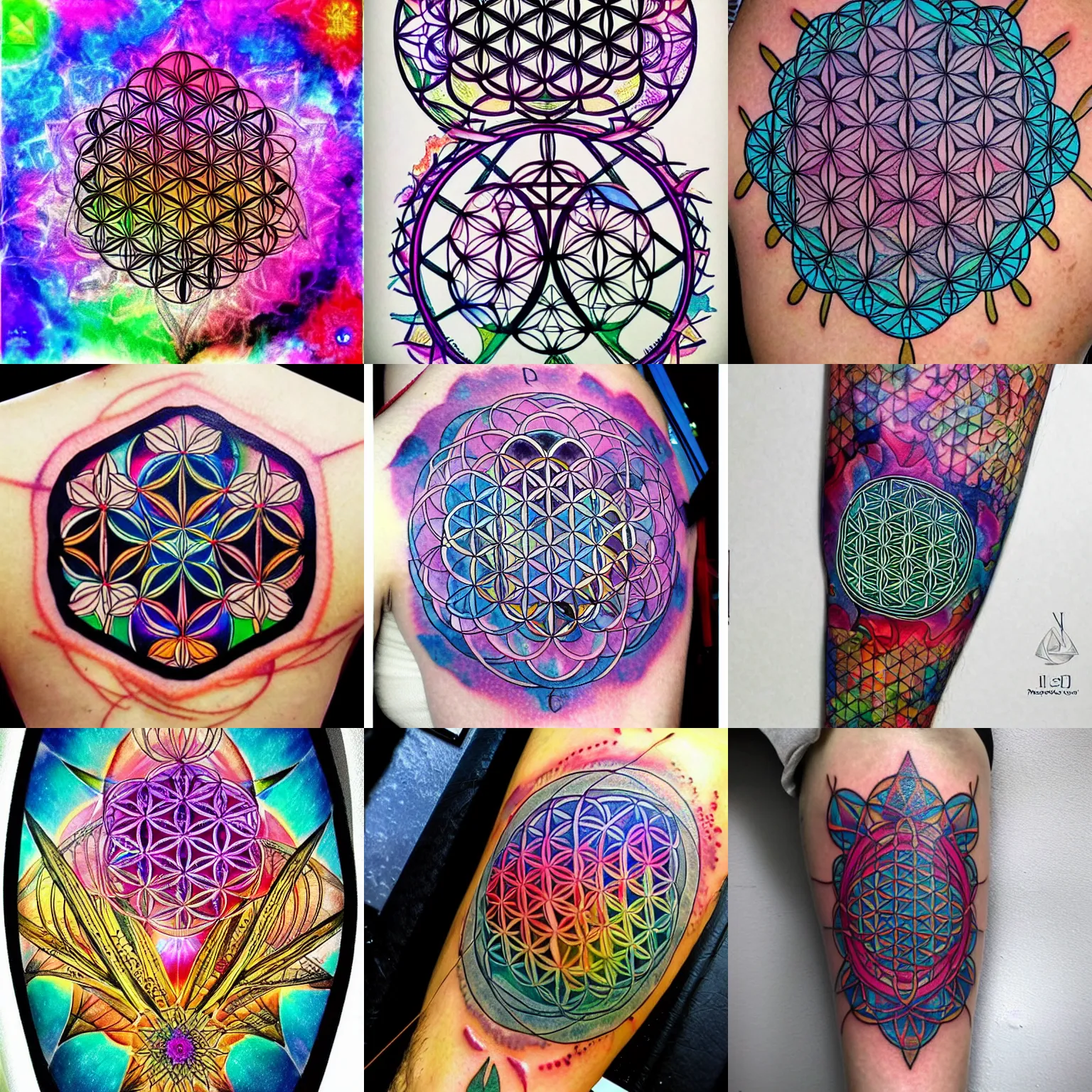 Prompt: Flower of life with dna strands going into the tree of life merkaba background colorful, detailed tattoo art