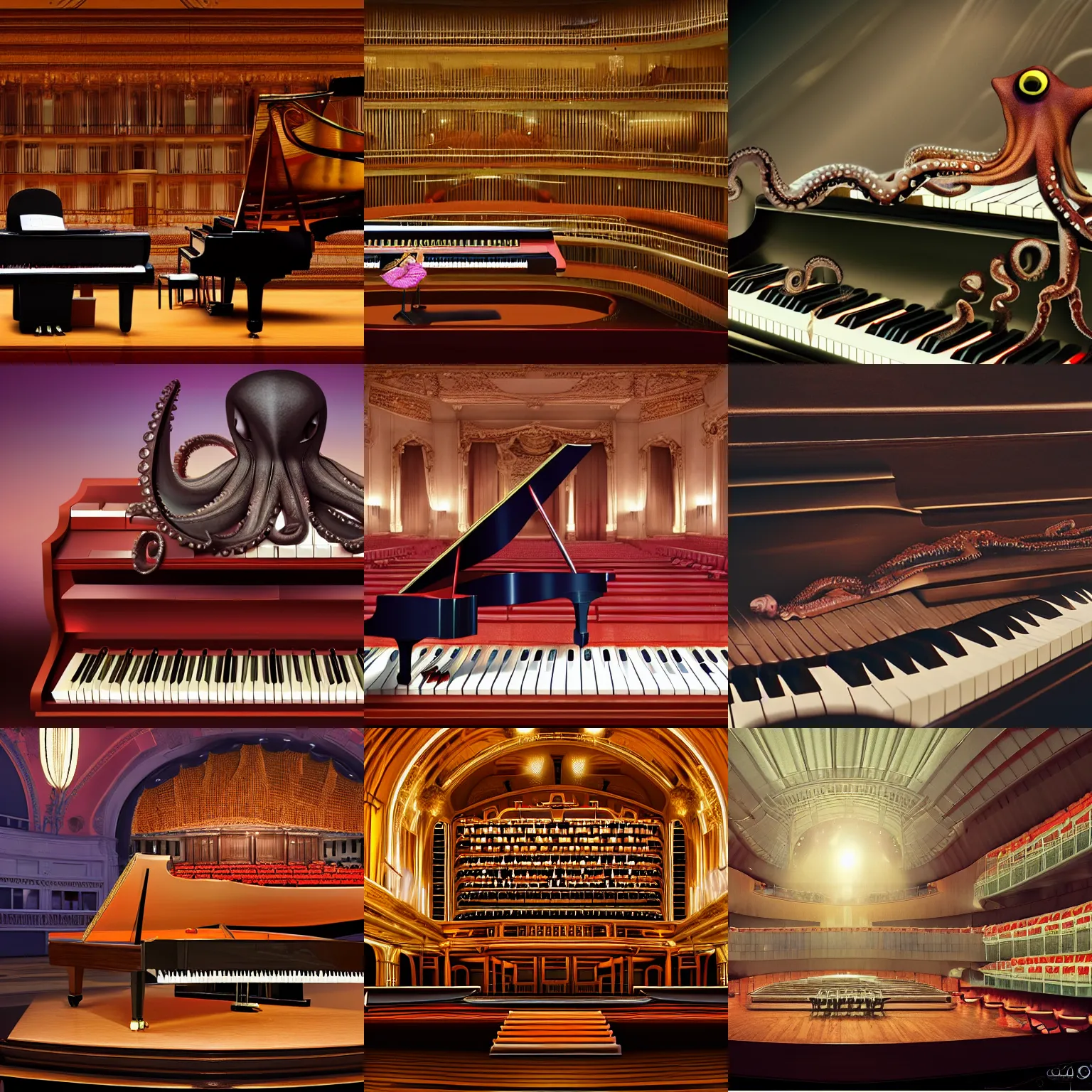 Prompt: piano recital given by an octopus, concert hall, photorealistic, 4 k