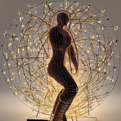 Prompt: a cybernetic virgo zodiac sign in a maze of electric cables, with crystal flowers embedded, shining in a dark room, sculpture, 3d object, photorealistic