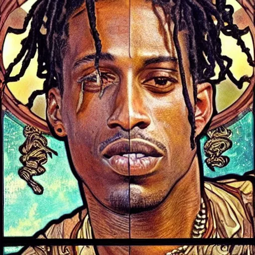 Prompt: detailed portrait of travis scott with dreads, he is raging, profile view, side view, middle eastern man, 4 5 years old, brown coat, shaved head, slight stubble, stained glass art, by alphone mucha, very masterful, no artifacts
