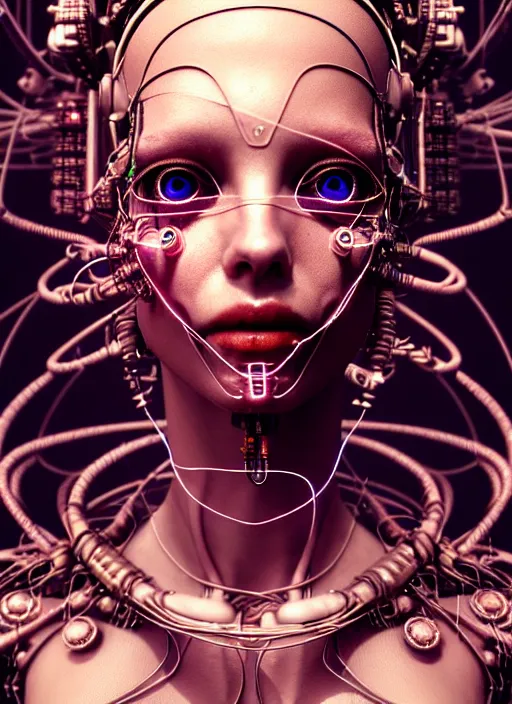 Image similar to timeless cybernetic deity girl with circuitry skin and networked mind tripping on acid, intricate detail, royo, whealan, giger, klimt, hd, octane render, unreal engine,