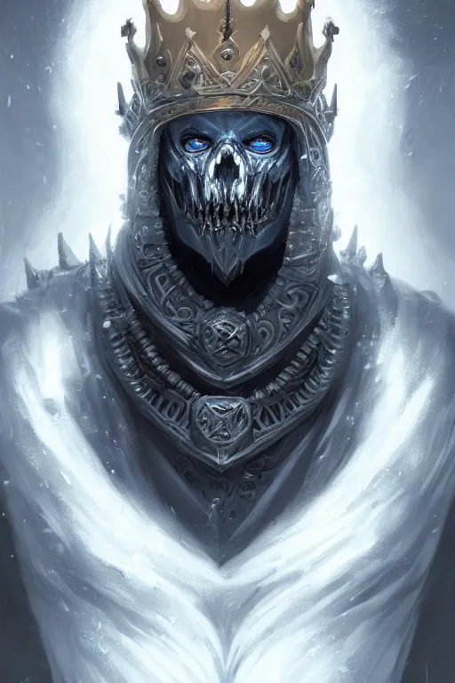 Image similar to highly detailed portrait of an elegant undead lich king, ornate crown, beautiful symmetrical face, glowing skin, digital painting, artstation, concept art, smooth, clear focus, illustration, greg rutkowski, artgerm, global lighting, detailed and fantasy