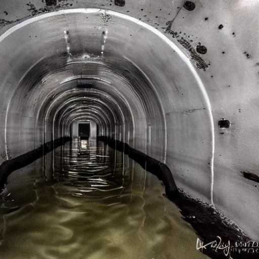 Image similar to the interior of a partially flooded missile silo, dark, scary lighting, scary, creepy, eerie, horror, submechanophobia, submerged machinery, photo,