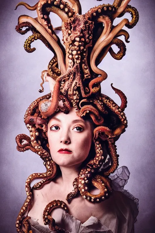 Image similar to a spectacular wideangle shot of a dreaming scary rococo queen with a octopus head, award winning photography