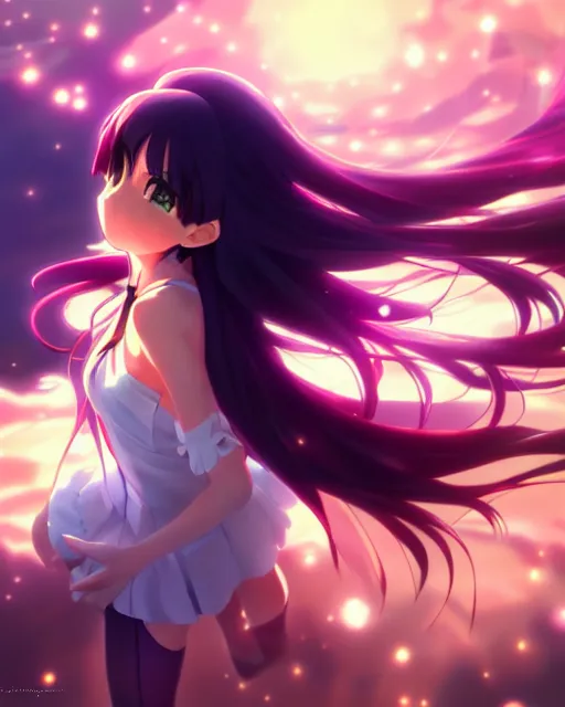 Image similar to anime style, vivid, expressive, full body, 4 k, painting, a cute magical girl with a long wavy black hair, stunning, realistic light and shadow effects, centered, simple background, studio ghibly makoto shinkai yuji yamaguchi