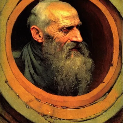 Image similar to Portrait Portrait of Diogenes the Cynic donning hobo costume whilst resting in an enormous wine cask winslow homer theodore gericault norman rockwell donato giancola john william waterhouse maxfield parrish mikhail vrubel arkhip kuindzhi astri lohne stained lacquer glaze