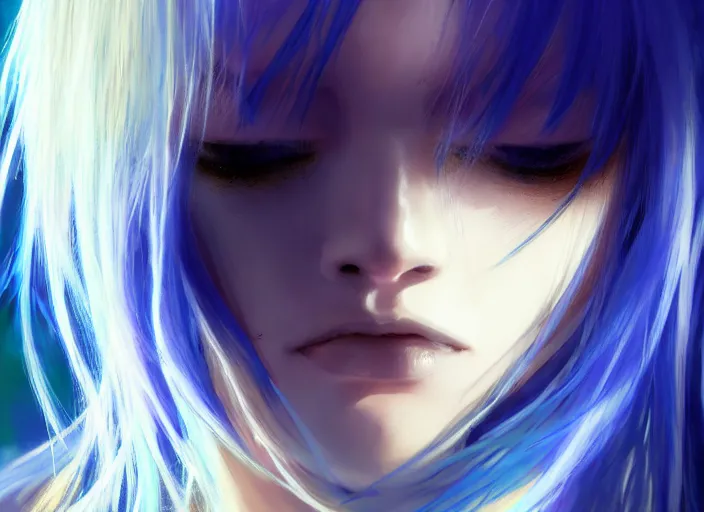 Image similar to rimuru tempest looking in a mirror, sky blue straight hair, bangs, with amber eyes, gold eyes, wearing a black jacket, high collar, ultra detailed, concept art, award winning photography, digital painting, pretty, cinematic, wlop artstation, closeup, pixiv, yoshitaka amano, andy warhol, ilya kuvshinov,