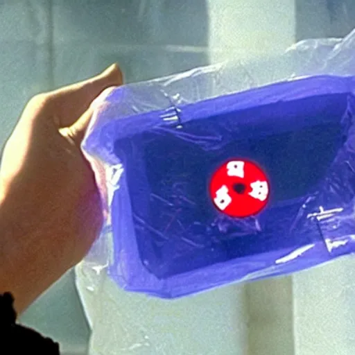 Prompt: screenshot from James Cameron film shows a hand holding a clear plastic bag marked with the biohazard symbol and containing a rabid vampire bat