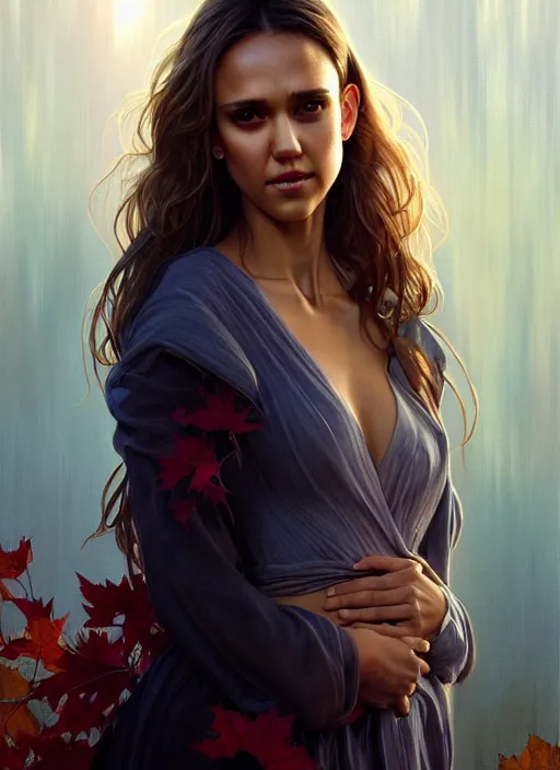 Image similar to half Jessica Alba half Nathalie Portman a pure gorgeous seductive angel, full body portrait, slight smile, diffuse natural sun lights, autumn lights, highly detailed, digital painting, artstation, concept art, sharp focus, illustration, art by wlop and greg rutkowski and alphonse mucha and artgerm
