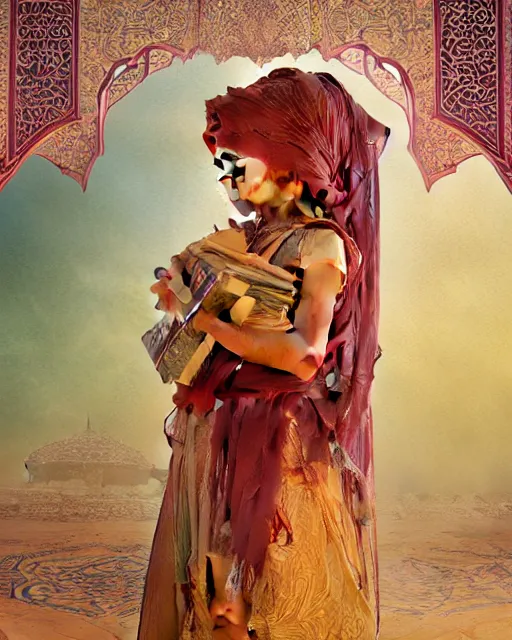 Image similar to a bedouin child infront of an big open quran highly detailed, gold filigree, romantic storybook fantasy, soft cinematic lighting, award, disney concept art watercolor illustration by mandy jurgens and alphonse mucha and alena aenami, pastel color palette, featured on artstation