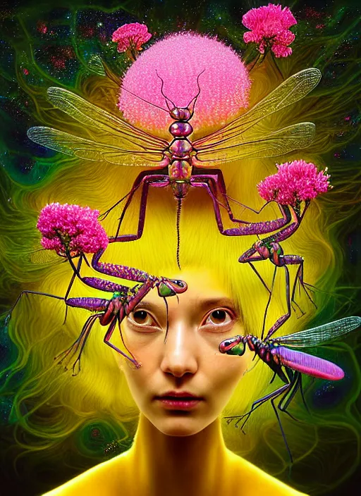 Image similar to hyper detailed 3d render like a Oil painting - kawaii portrait Aurora (gold haired Singer Praying Mantis Dragonfly) seen Eating of the Strangling network of yellowcake aerochrome and milky Fruit and Her compund eyes delicate Hands hold of gossamer polyp blossoms bring iridescent fungal flowers whose spores black the foolish stars by Jacek Yerka, Mariusz Lewandowski, Houdini algorithmic generative render, Abstract brush strokes, Masterpiece, Edward Hopper and James Gilleard, Zdzislaw Beksinski, Mark Ryden, Wolfgang Lettl, hints of Yayoi Kasuma, octane render, 8k