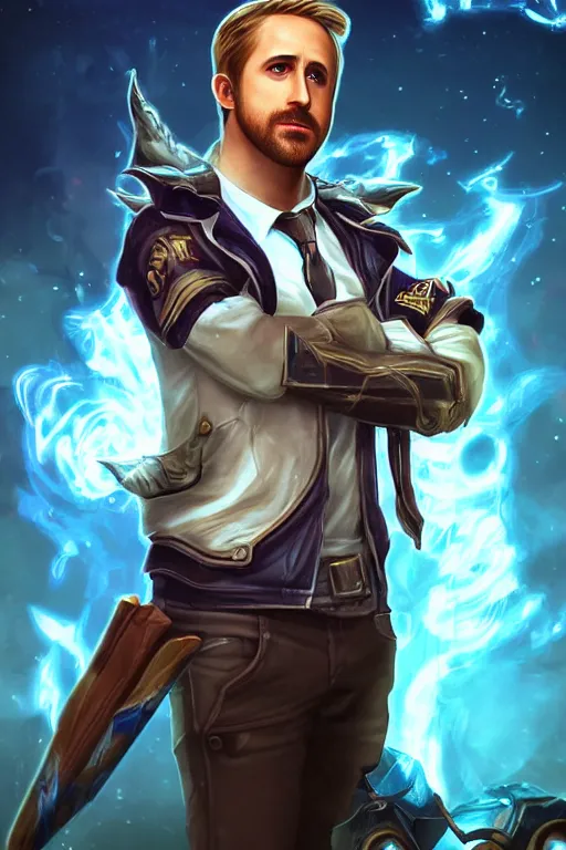 Prompt: ryan gosling as a character in the game league of legends, with a background based on the game league of legends, league of legends splash art, detailed face