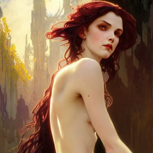 Prompt: Portrait of a pretty half-elf half-vampire young woman. Her hair has black strands and white strands. Red irises and vertical pupils. Art by Greg Rutkowski and Alphonse Mucha