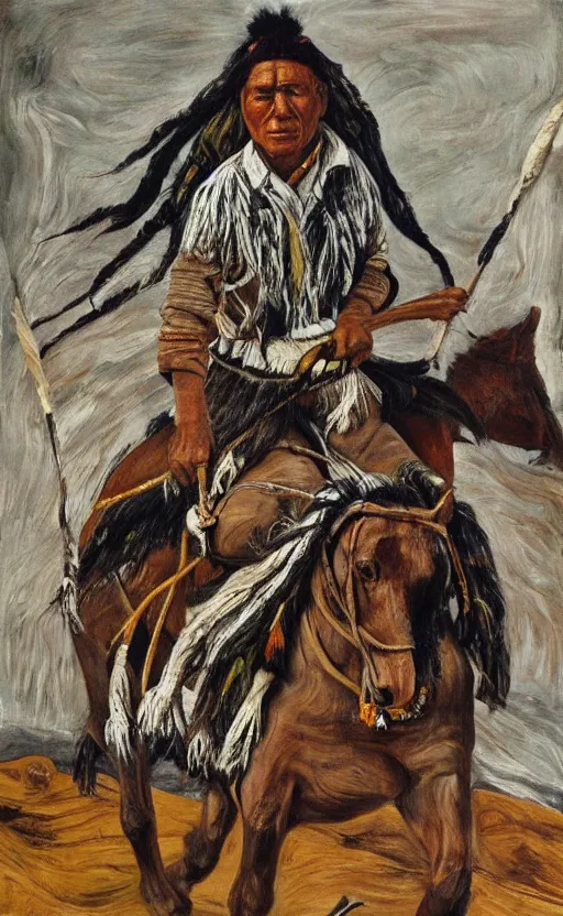 Prompt: full body shot picture of indigenous people leader riding a horse, painted by lucian freud, hd, super detailed, realistic, muted colors