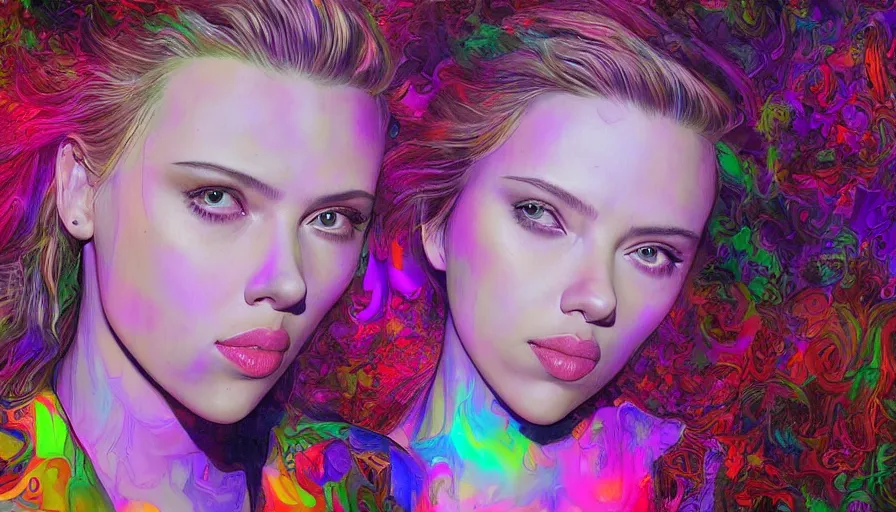 Image similar to scarlett johansson in psychodelic dmt lsd forest, photorealistic, artgerm, artwork by Arian, Mark