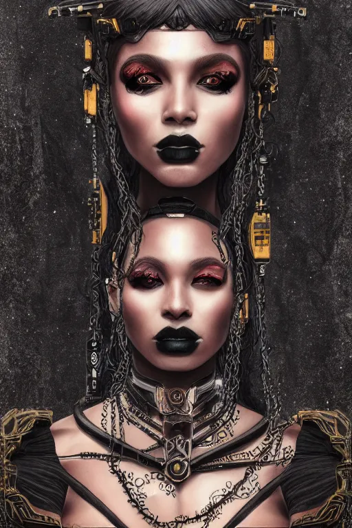 Image similar to portrait of a beautiful young gothic Black woman, cyberpunk, Warhammer, highly detailed, artstation, illustration, art by Gustav Klimt