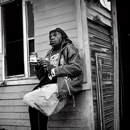 Prompt: crusty train punk drinking a 40oz malt liquor outside an abandoned home, black and white high definition photograph