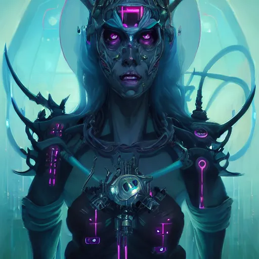 Image similar to a portrait of a beautiful demonic cybernetic grand duchess of hell, cyberpunk concept art by pete mohrbacher and wlop and artgerm and josan gonzales, digital art, highly detailed, intricate, sci-fi, sharp focus, Trending on Artstation HQ, deviantart, unreal engine 5, 4K UHD image