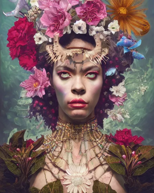 Image similar to portrait of the africo - american queen of the underworld, surrounded by flowers by karol bak, james jean, tom bagshaw, rococo, sharp focus, trending on artstation, cinematic lighting, hyper realism, octane render, 8 k, hyper detailed.