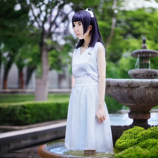 Prompt: a full body portrait of a young Japanese maid standing in front of a fountain in a park, 8k, cinematic, photo taken with Sony a7R camera, by William-Adolphe