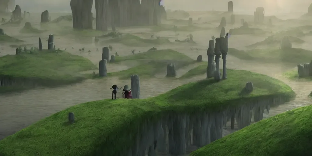 Prompt: a cell - shaded cartoon movie still from howl's moving castle ( 2 0 0 4 ) of a zombies in a flooded rainforest valley. stonehenge is seen in the background with shafts of sunlight from above. wide shot, very dull muted colors, hd, 4 k, hq