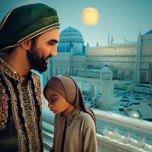 Image similar to prophet muhammed on date with 9 year old aisha, trending on artstation, photorealistic, high resolution, 8 k, octane, hyper detailed, trending on deviantart insane details, intricate, elite, ornate, elegant trend, highly detailed and intricate, sharp focus, photography, unreal engine