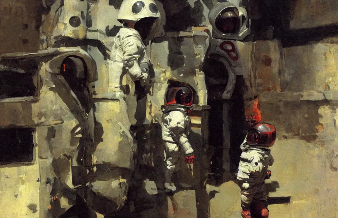 Prompt: 1 child dressed as spacemen, in an alleyway detailed painting, epic lighting, by ilya repin, phil hale and kent williams