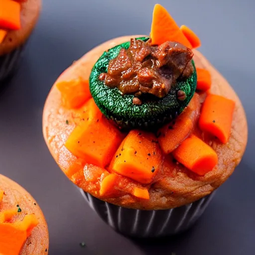 Image similar to A beef stew cupcake with a side of freshly shaved carrot and caviar, high definition photography, 8k, food photography