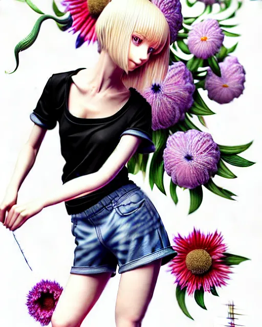 Prompt: richly detailed colored pencil 3D illustration of a beautiful French woman with short bleached blonde hair wearing a long Tshirt and black shorts sewing thread drawings of flowers into her thigh. mirrored background with completely rendered reflections, art by Range Murata and Artgerm.