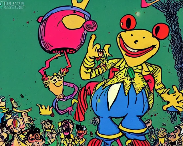 Prompt: The Clown Frog King pulls the lever initiating clown world, confetti bombs and honking ensues, cartoon by Ralph Bakshi