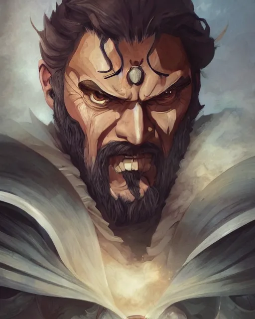 Image similar to digital painting of an angry hernan cortes by filipe pagliuso and justin gerard and studio ghibli, symmetric, detailed, intricate, portrait, digital painting, sharp focus, tarot card, handsome, concept art, alluring, game art, card game art