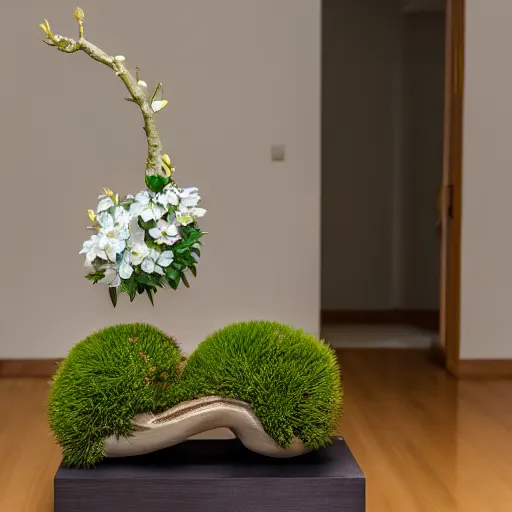 Prompt: a photo of 8k Ikebana in flower vase, ultra wide angle, sony a7r3, ultra detail, photorealistic, in simple background