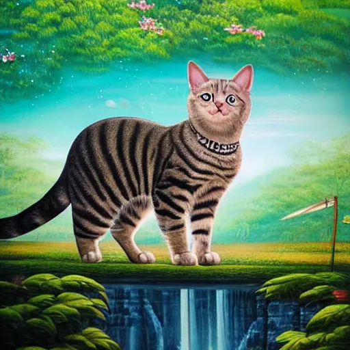 Prompt: cat in a beautiful city of the future in harmony with nature. Beautiful detailed painting by Lurid. (2022)