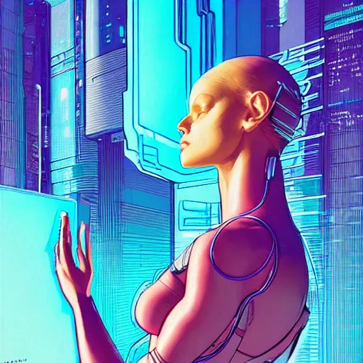 Image similar to a portrait of a beautiful cybernetic woman praying, cyberpunk concept art by josan gonzales and jean claude meziere and syd mead and moebius