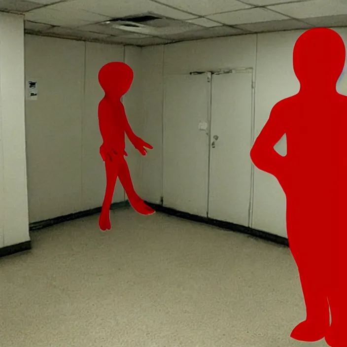 Image similar to cctv footage of a blood red figure standing in the corner of the room, smiling, horror, creepy, uncanny, weird, dark