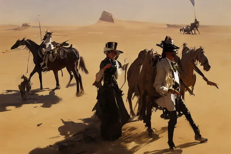 Prompt: portrait of a respectable dignified royal business elite politicians in top hats and coat tails riding on emus in the sahara desert throwing vanilla icecream cones at each other, art by anders zorn, wonderful masterpiece by greg rutkowski, beautiful cinematic light, american romanticism by greg manchess, jessica rossier