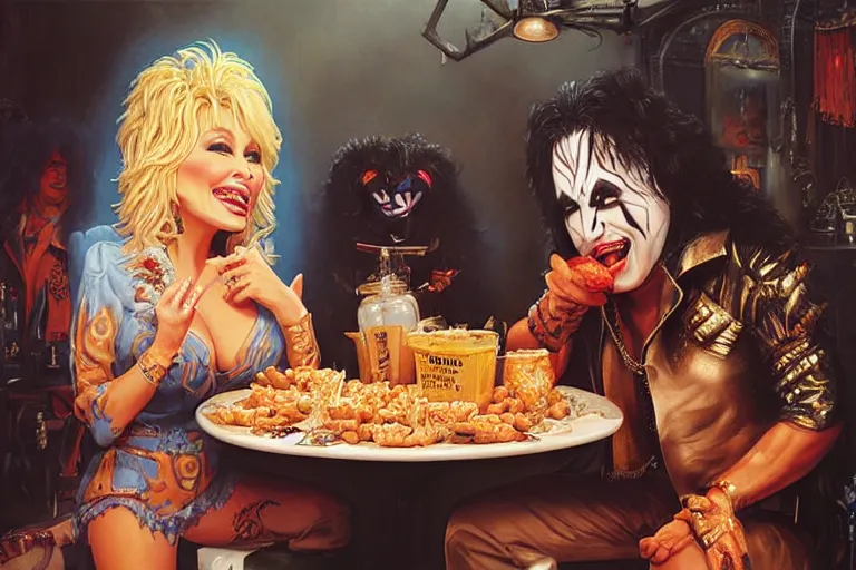 Image similar to dolly parton sharing baked beans with paul stanley in kiss makeup, an oil painting by ross tran and thomas kincade