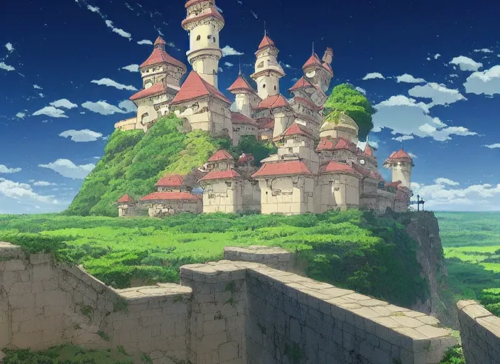 Prompt: A castle built into the sky from spirited away, wide shot, peaceful and serene, incredible perspective, anime scenery by Makoto Shinkai and studio ghibli, very detailed