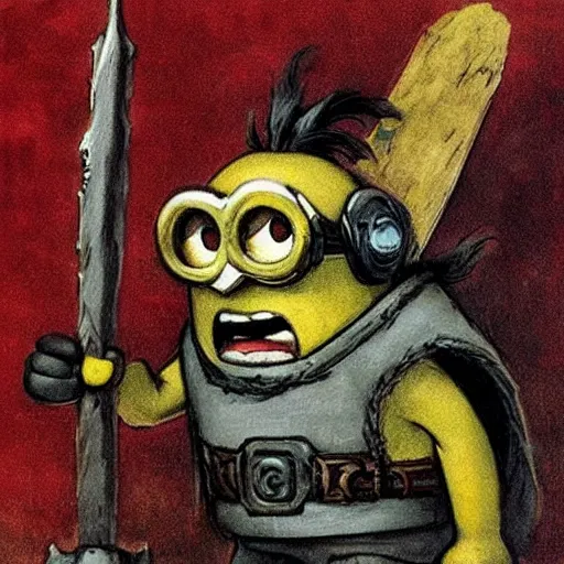 Image similar to a minion in the style of a barbarian, made by Frank Frazetta,