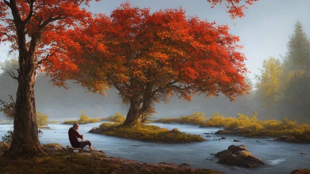 Image similar to A beautiful oil painting of a single tree, the tree is in the rule of thirds, a person is under the tree reading a book, the fall has arrived and the leafs started to become golden and red, the river is flowing its way, the river has lots of dark grey rocks, oil painting by Greg Rutkowski