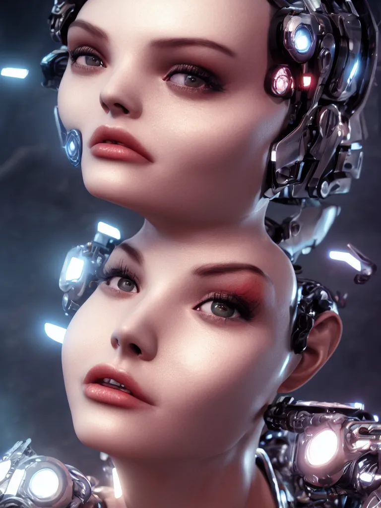 Prompt: cinematic, portrait photography, portrait face, a beautiful betty page cyborg, perfect chromium and porcelain bionic body, ui data displays, hud interface, hajime sorayama, h. r. giger, octane rendered, 4 k, lens flare,