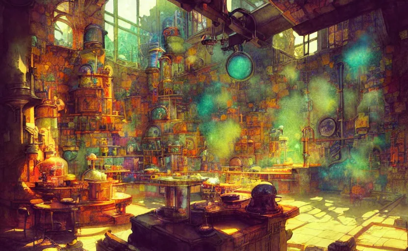 Image similar to alchemy laboratory, fantasy. intricate, amazing composition, colorful watercolor, by ruan jia, by maxfield parrish, by marc simonetti, by hikari shimoda, by robert hubert, by zhang kechun, illustration, gloomy