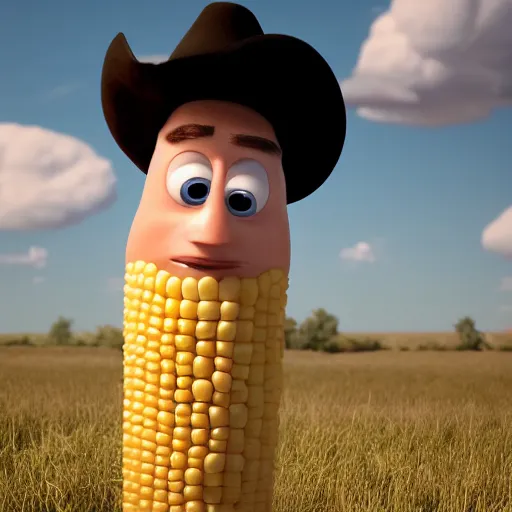 Prompt: john cornyn as a pixar character with a corn on the cob body and cowboy hat, 3 d, octane render,