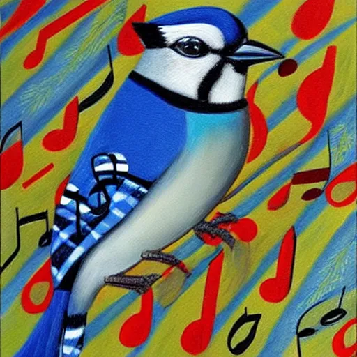 Image similar to painting of a bluejay surrounded by music notes