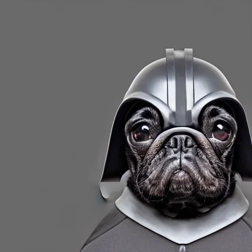 Image similar to 3 d rendered hyper realistic hyper detailed black pug wearing a pug - shaped darth vader helmet, octane render, blender, 8 k