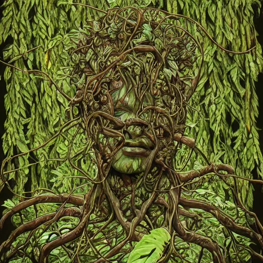 Image similar to 'straggled humanoid amalgamation of leaves and plants, face made of vines, swamp thing, detailed portrait, intricate complexity, Dan Mumford, quixel megascan' H 768