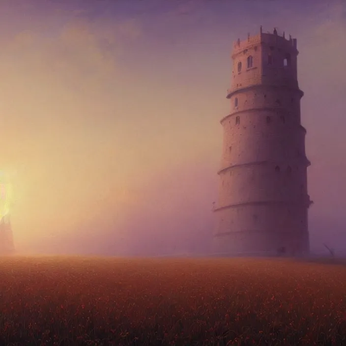 Image similar to a beautiful painting of a tower in a field of golden wheat by ivan aivazovsky and zdzisław beksinski and rene magritte and greg rutkowski and james gurney, in style of digital art. hyper detailed. octane render. maya. trending on artstation