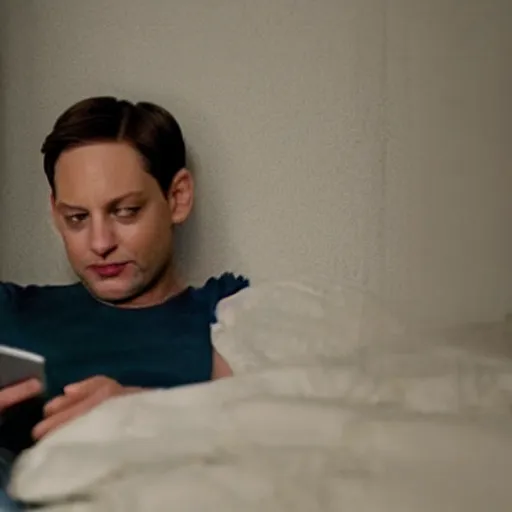 Image similar to tobey maguire texting on his phone inside of his bedroom during a rainy night, cinematic lighting, photorealistic, highly detailed,