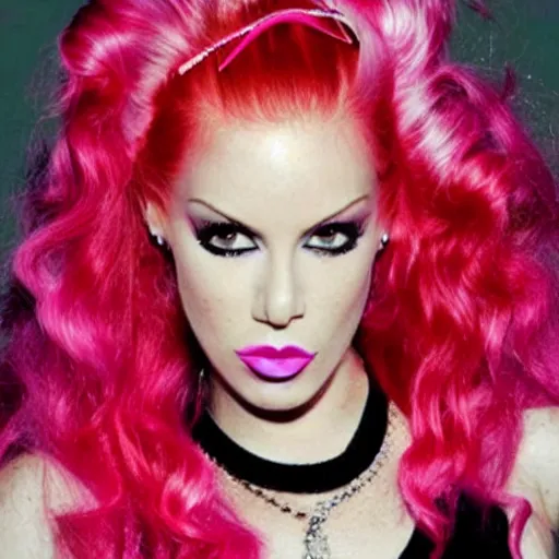Prompt: photo of jeffree star in the 2 0 0 0 s with pink red hair smoking